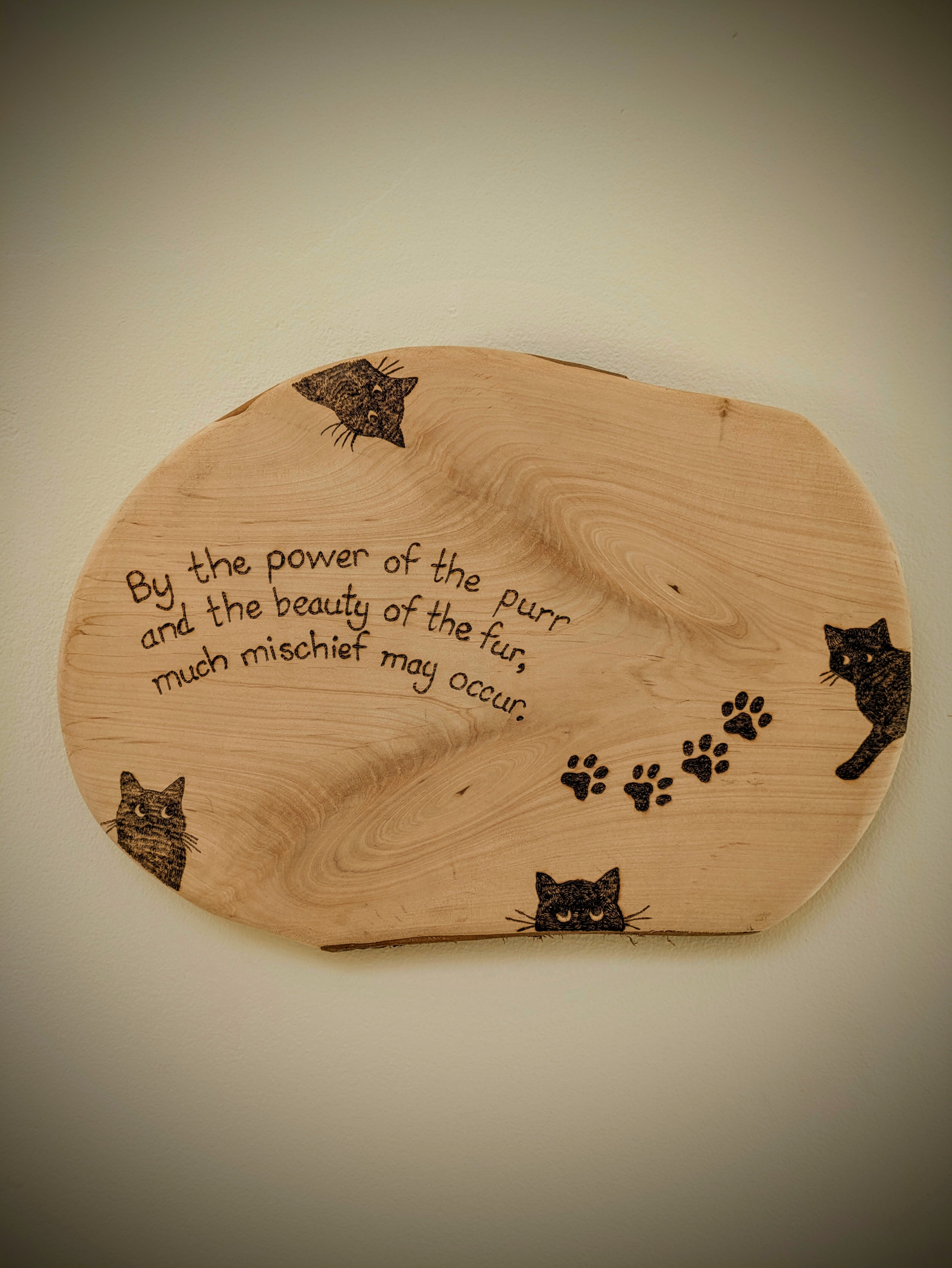 Cat pyrography (woodburning) block made from reclaimed Welsh timber
