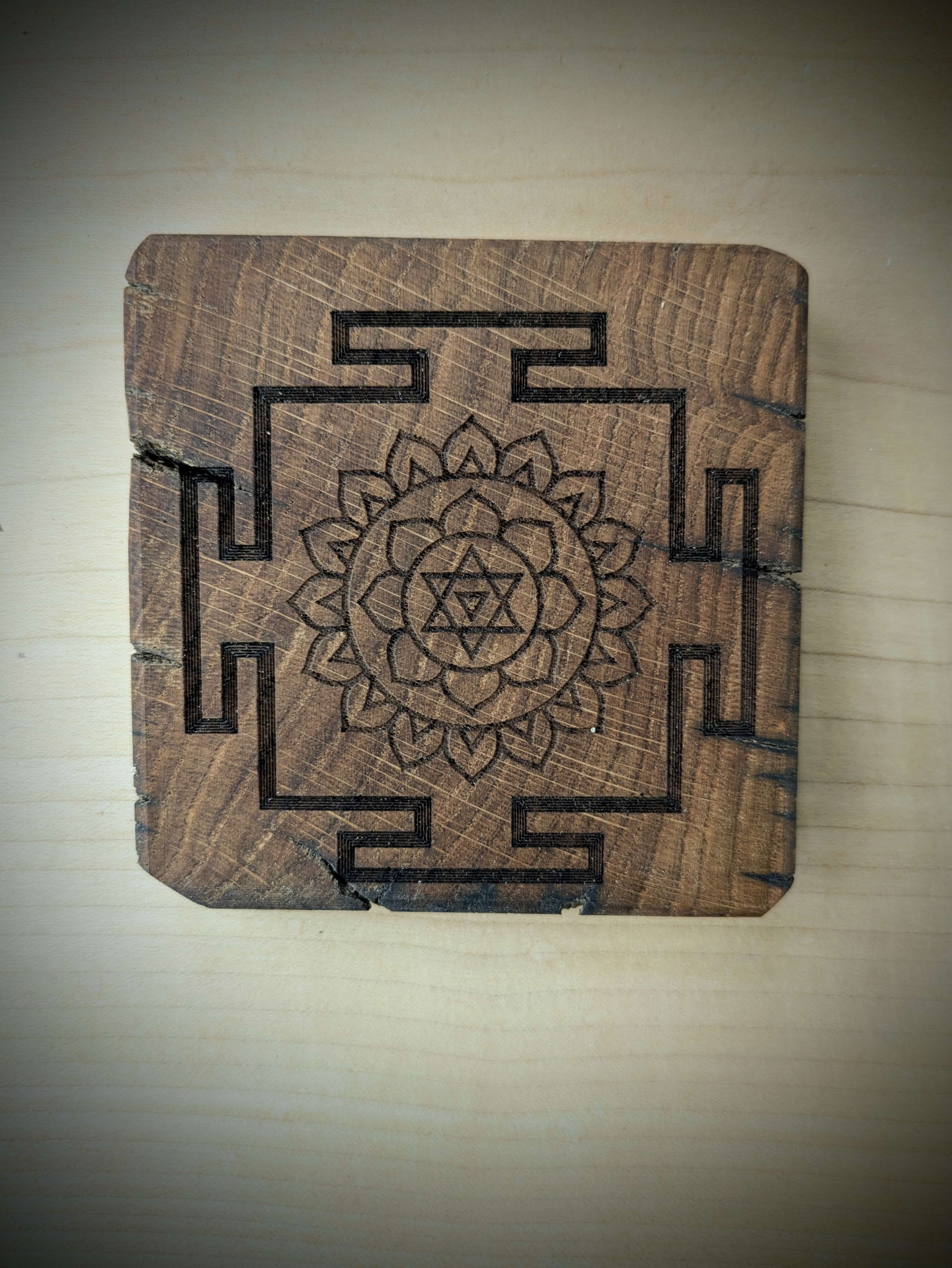 Spiritual cosmic coaster made out of reclaimed Welsh oak fence posts