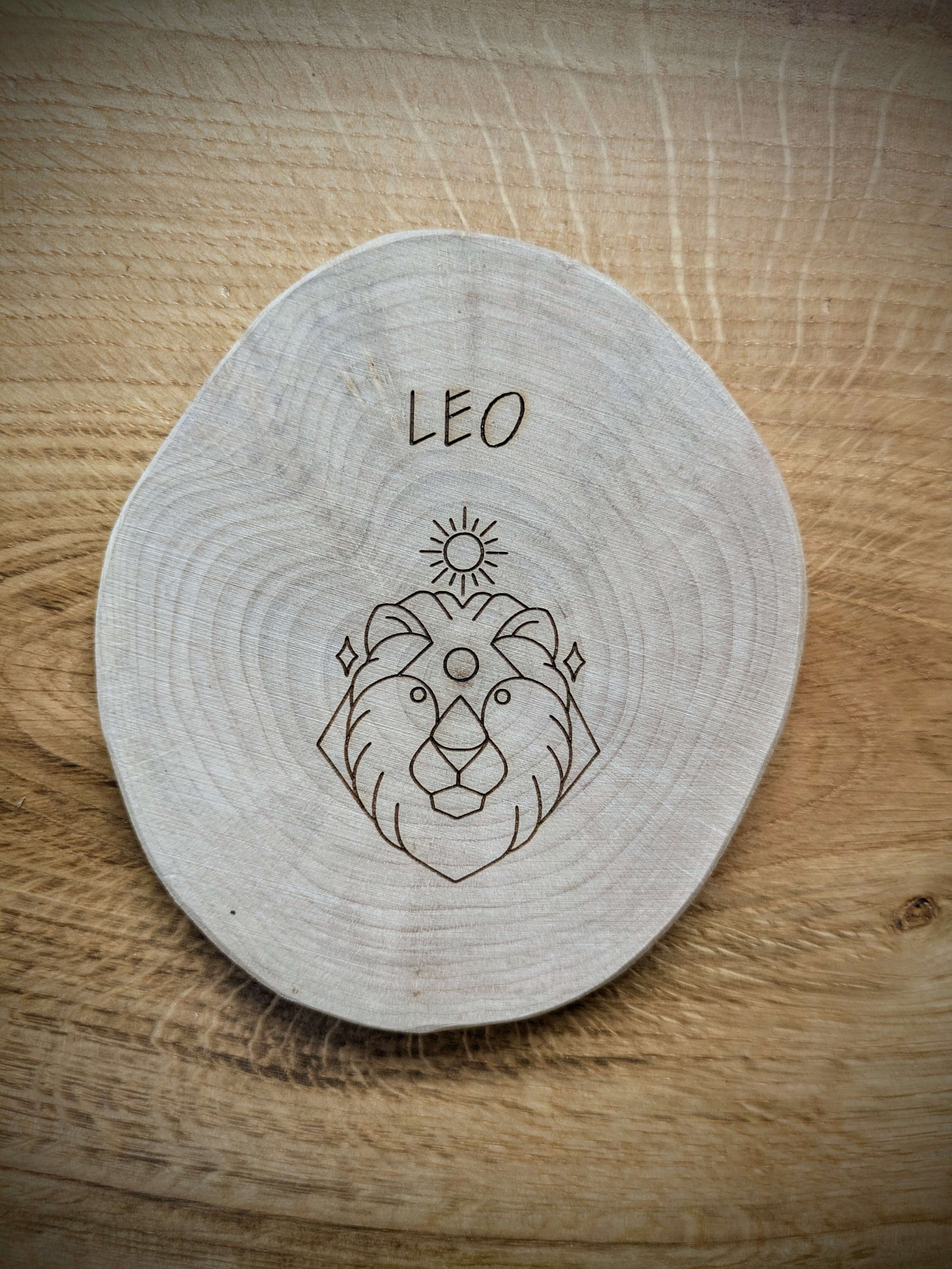 Leo Zodiac Kosmic Coaster on reclaimed Welsh timber