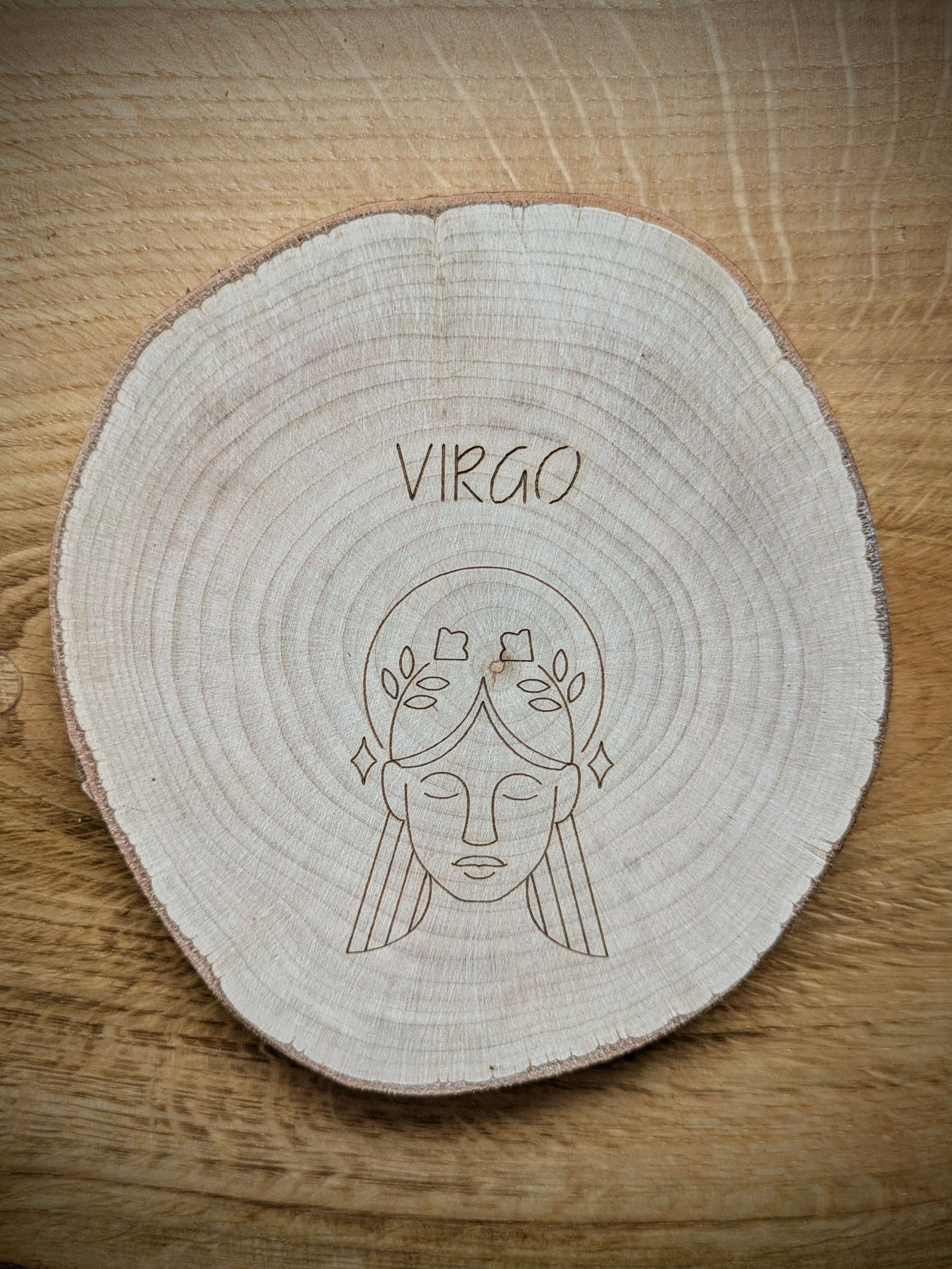 Virgo Zodiac Kosmic Coaster on reclaimed Welsh timber