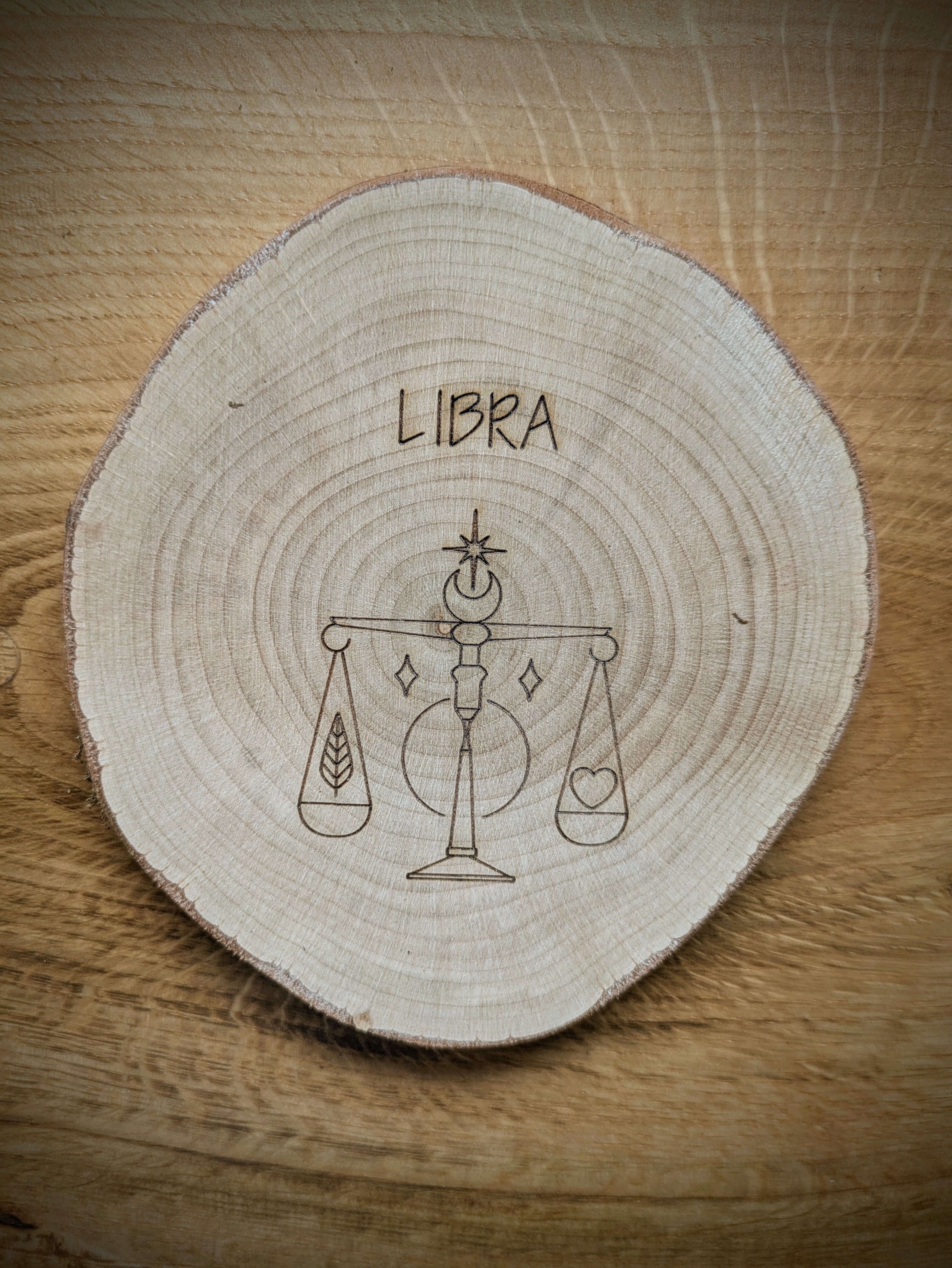 Libra Zodiac Kosmic Coaster on reclaimed Welsh timber