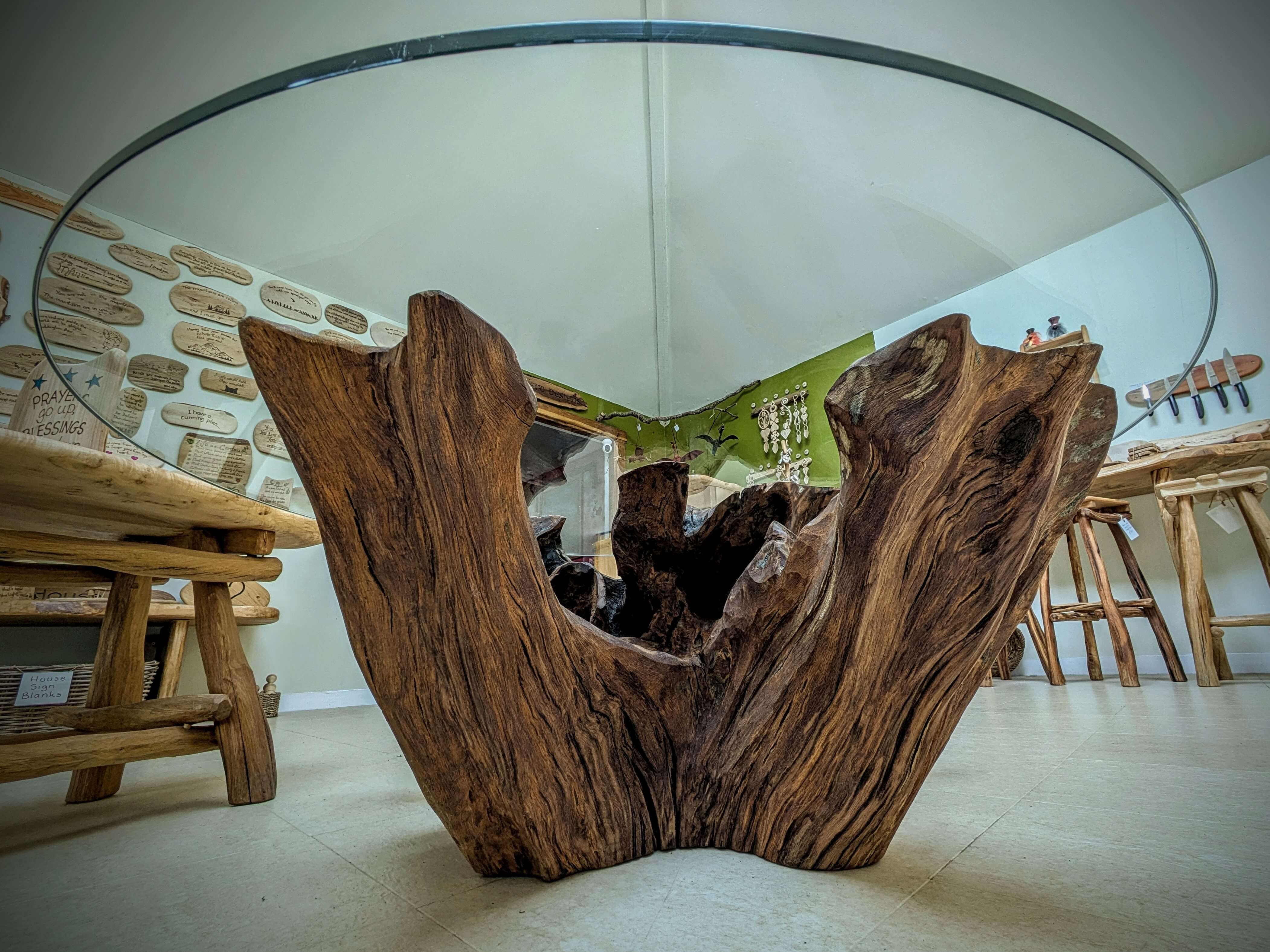 A reclaimed Oak Stump Table, with a glass top