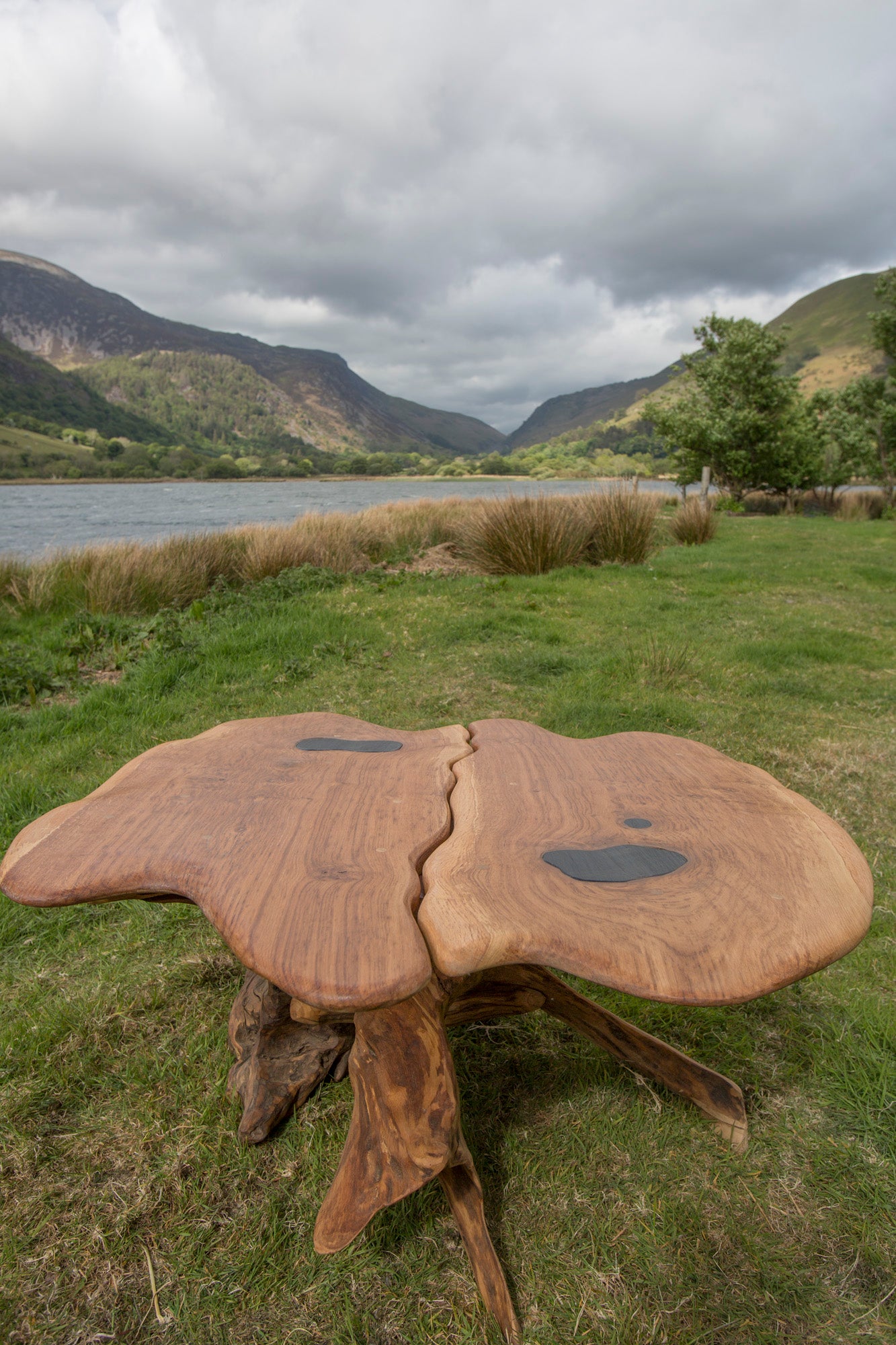 Rustic Salvaged Slate and Oak Stump Coffee Table. Handmade in Wales, UK.