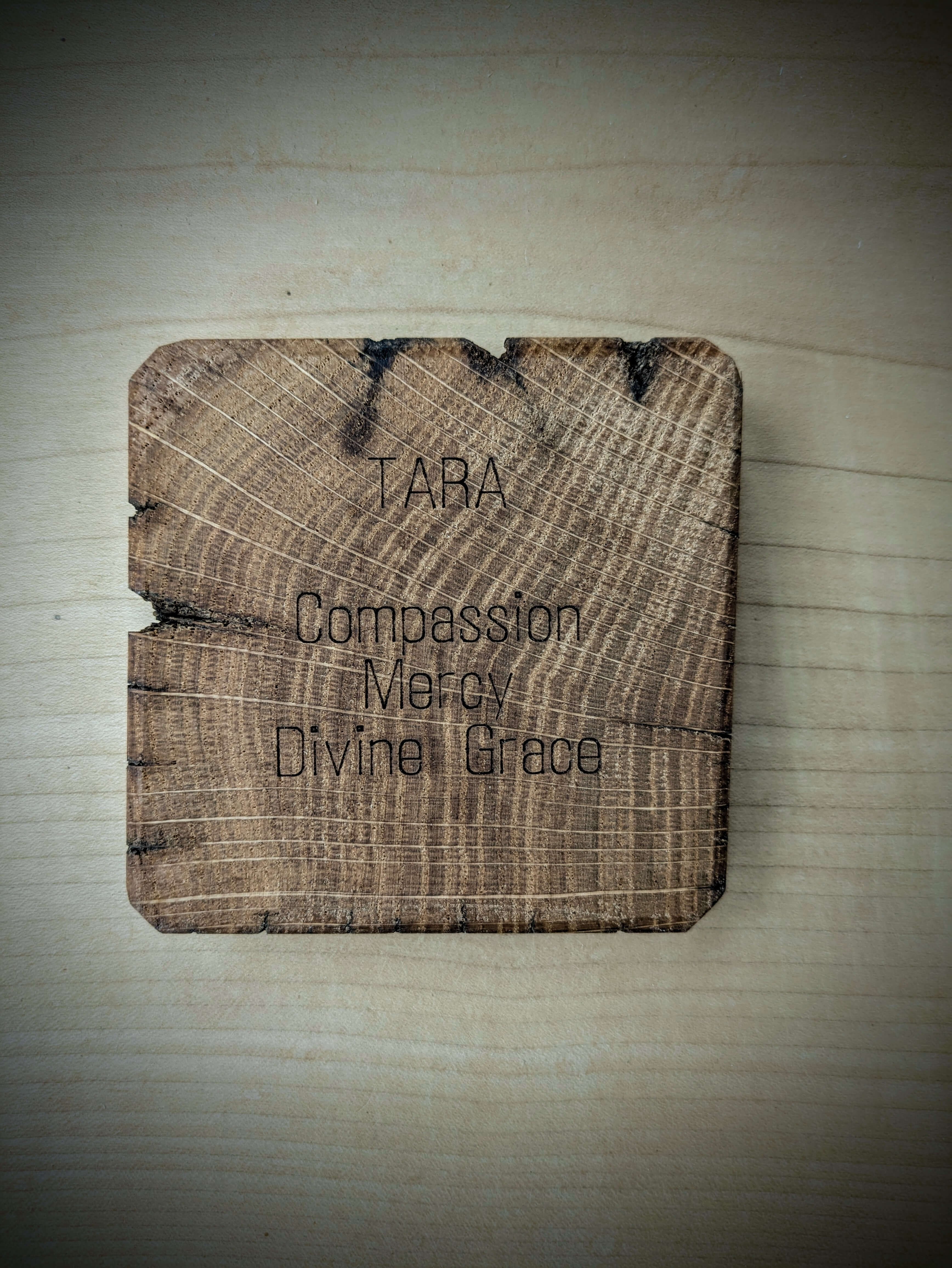 Spiritual cosmic coaster made out of reclaimed Welsh oak fence posts