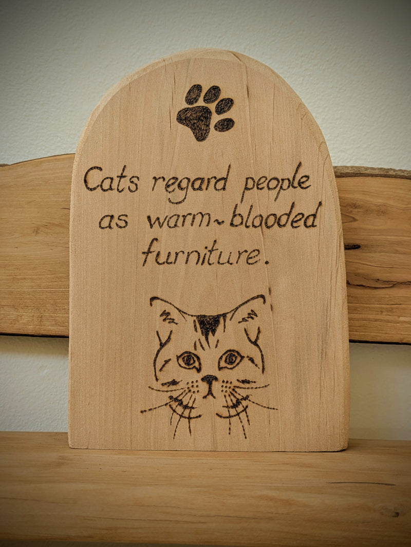 Cat pyrography (woodburning) block made from reclaimed Welsh timber