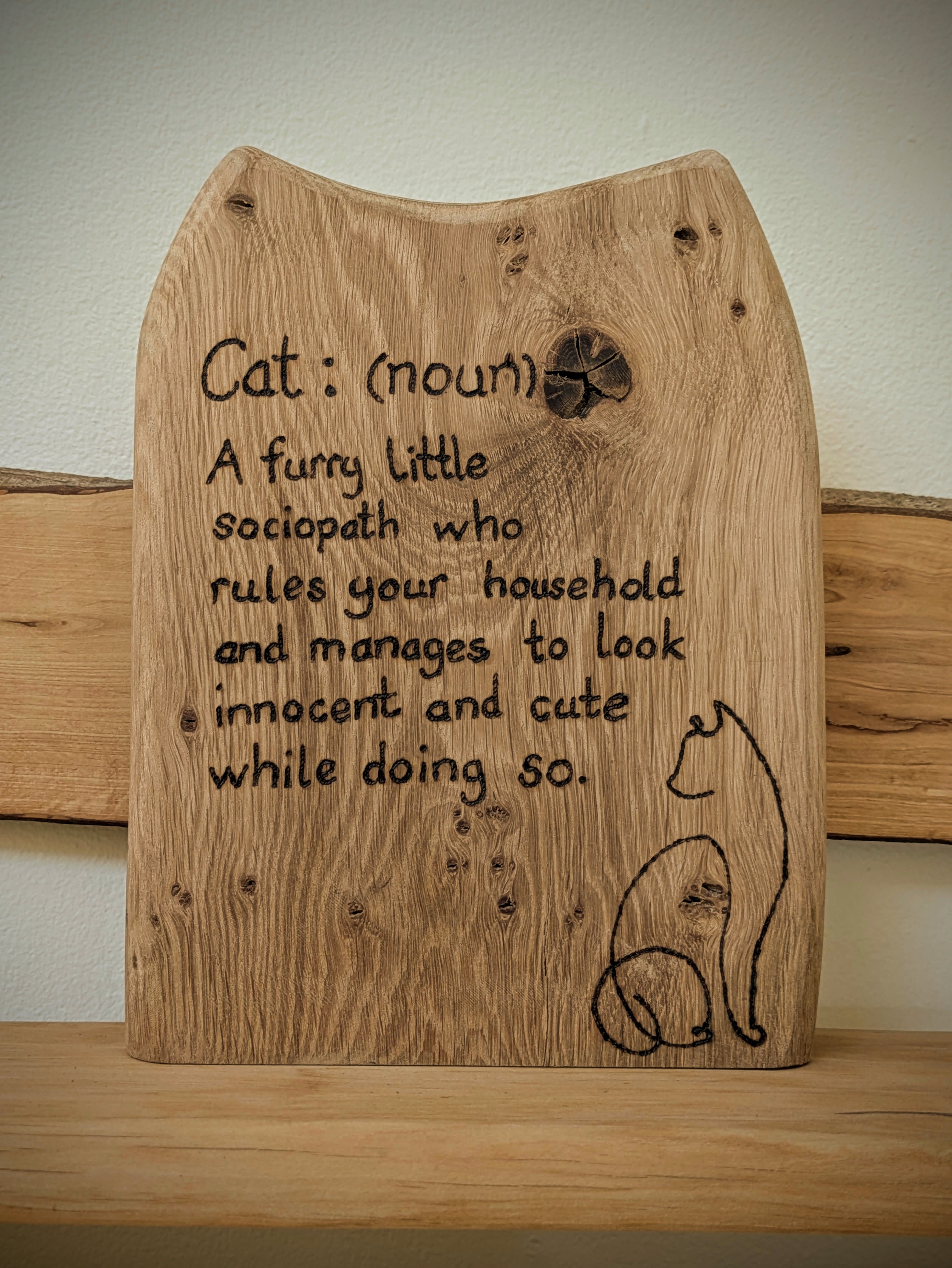 Cat pyrography (woodburning) block made from reclaimed Welsh timber