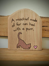 Cat pyrography (woodburning) block made from reclaimed Welsh timber