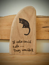 Cat pyrography (woodburning) block made from reclaimed Welsh timber