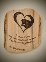Cat pyrography (woodburning) block made from reclaimed Welsh timber