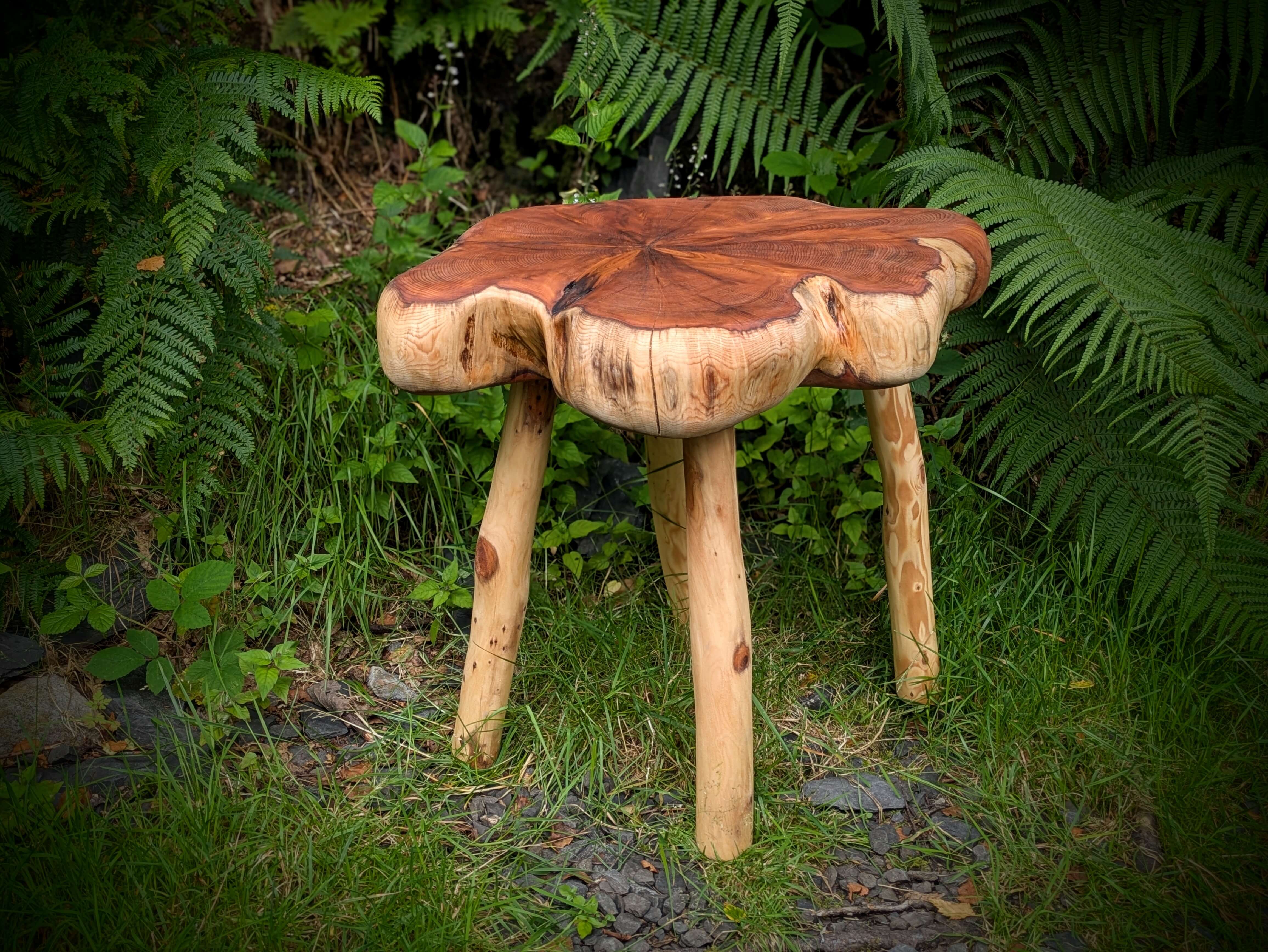 Unique three-legged side table made from reclaimed yew