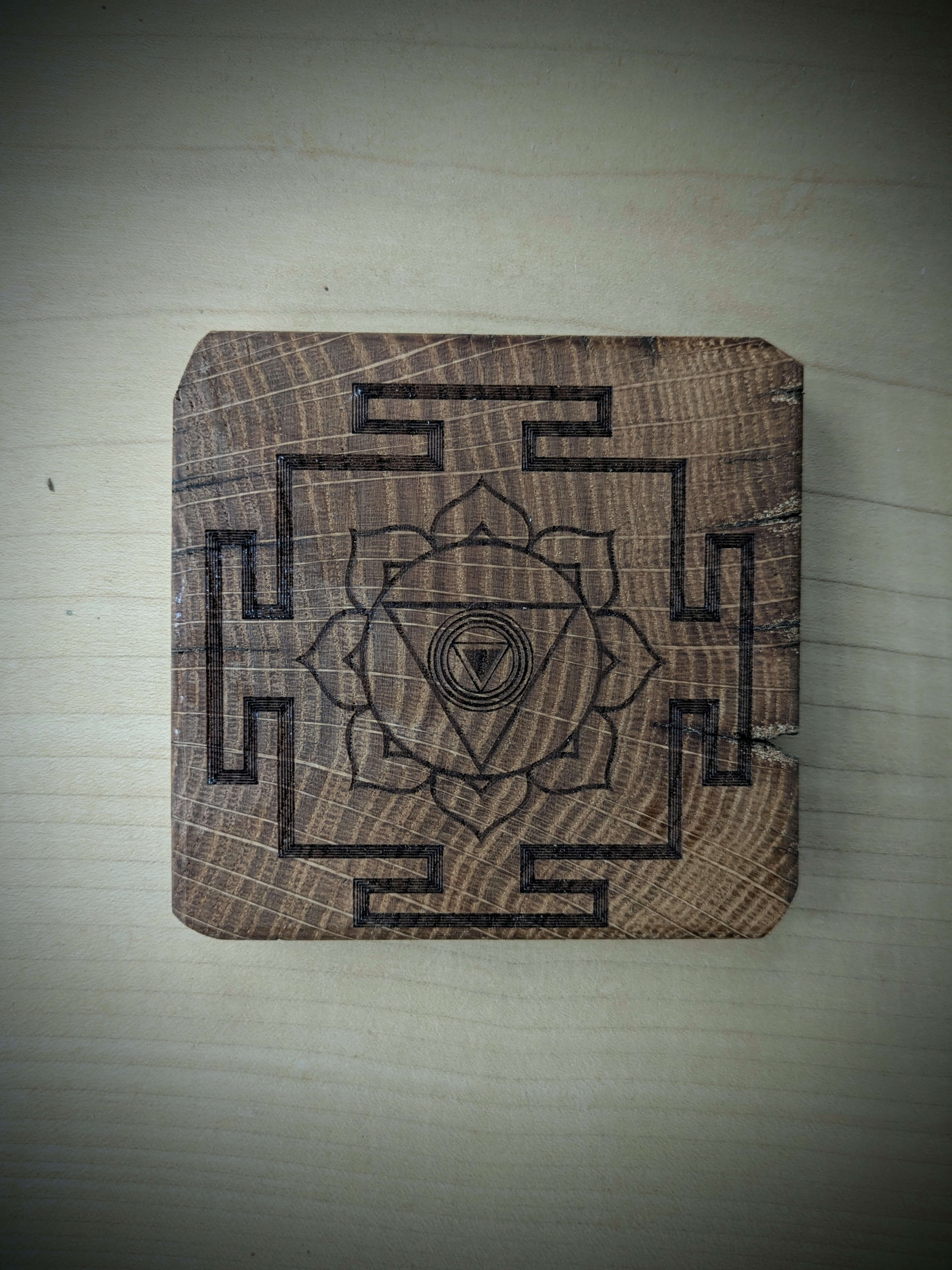 Spiritual cosmic coaster made out of reclaimed Welsh oak fence posts
