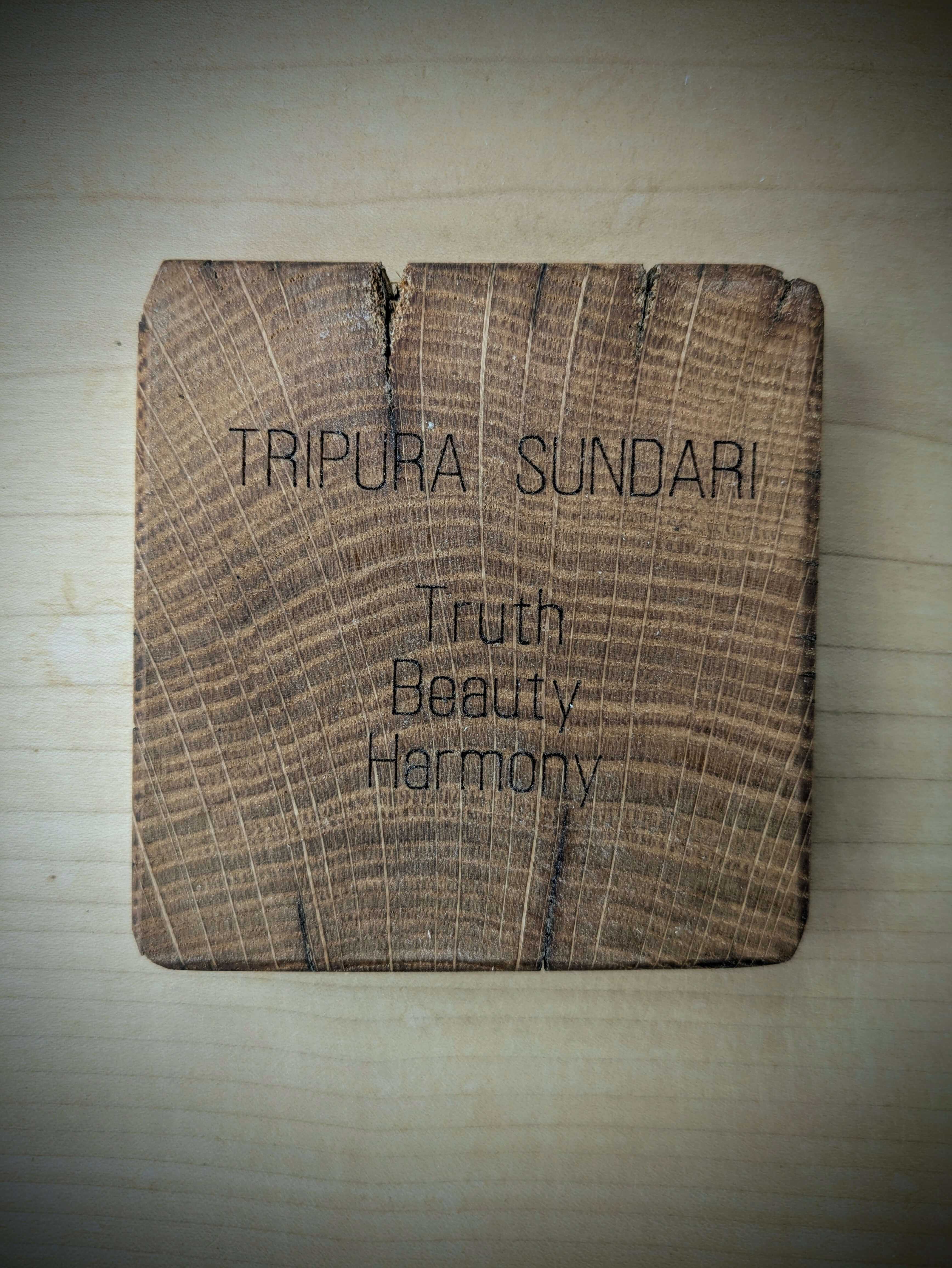 Spiritual cosmic coaster made out of reclaimed Welsh oak fence posts