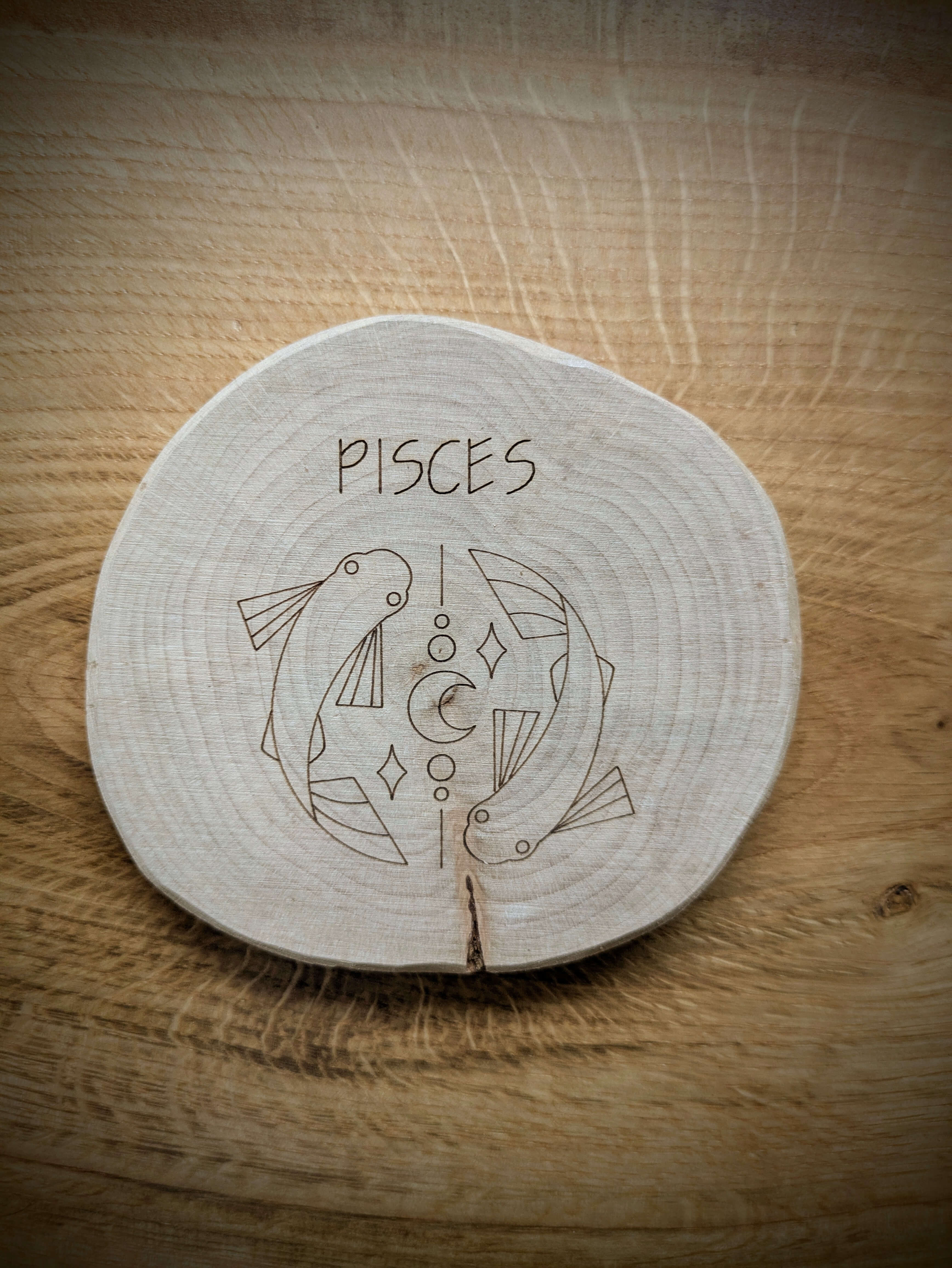 Pisces Zodiac Kosmic Coaster on reclaimed Welsh timber