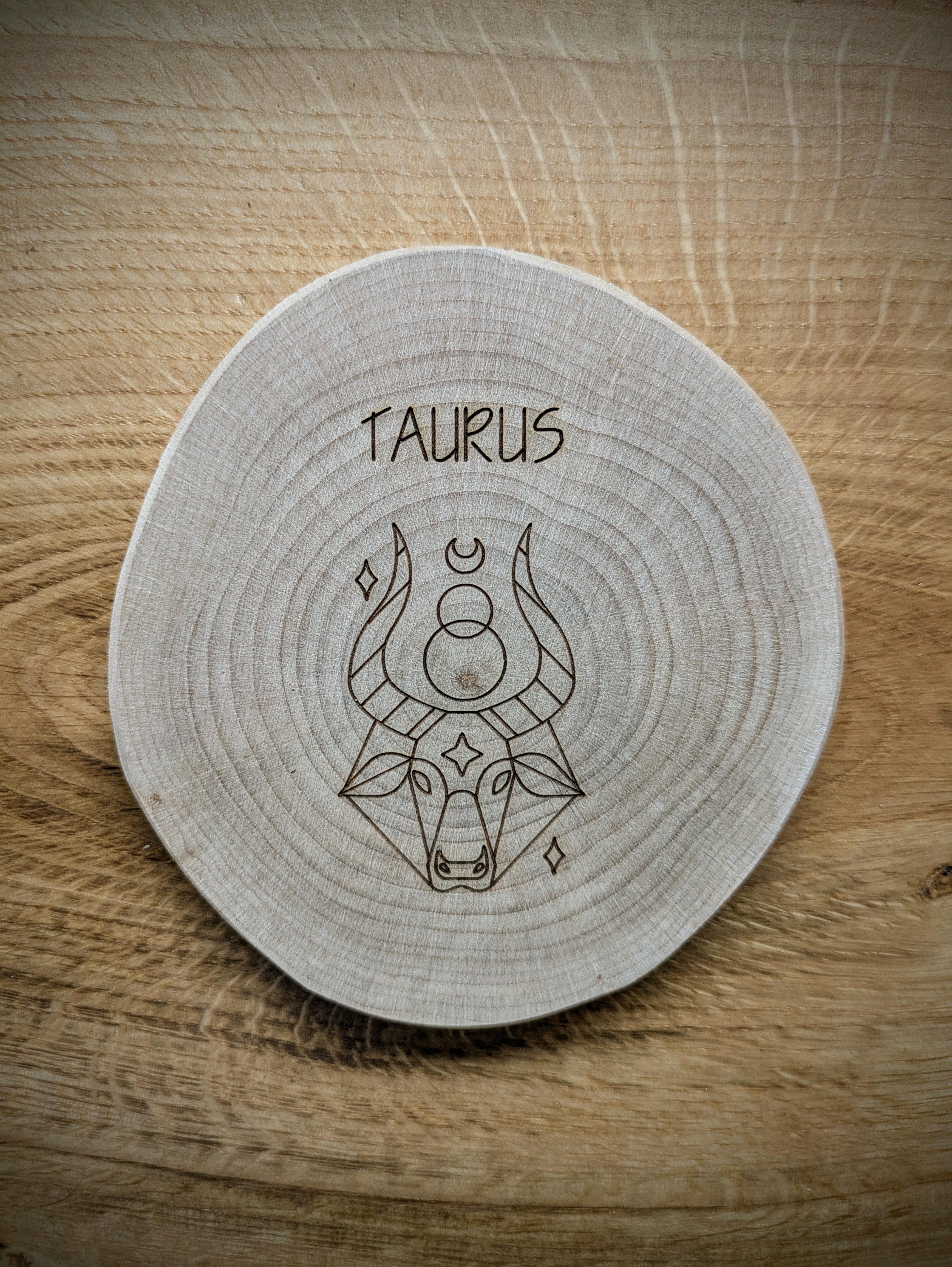 Taurus Zodiac Kosmic Coaster on reclaimed Welsh timber