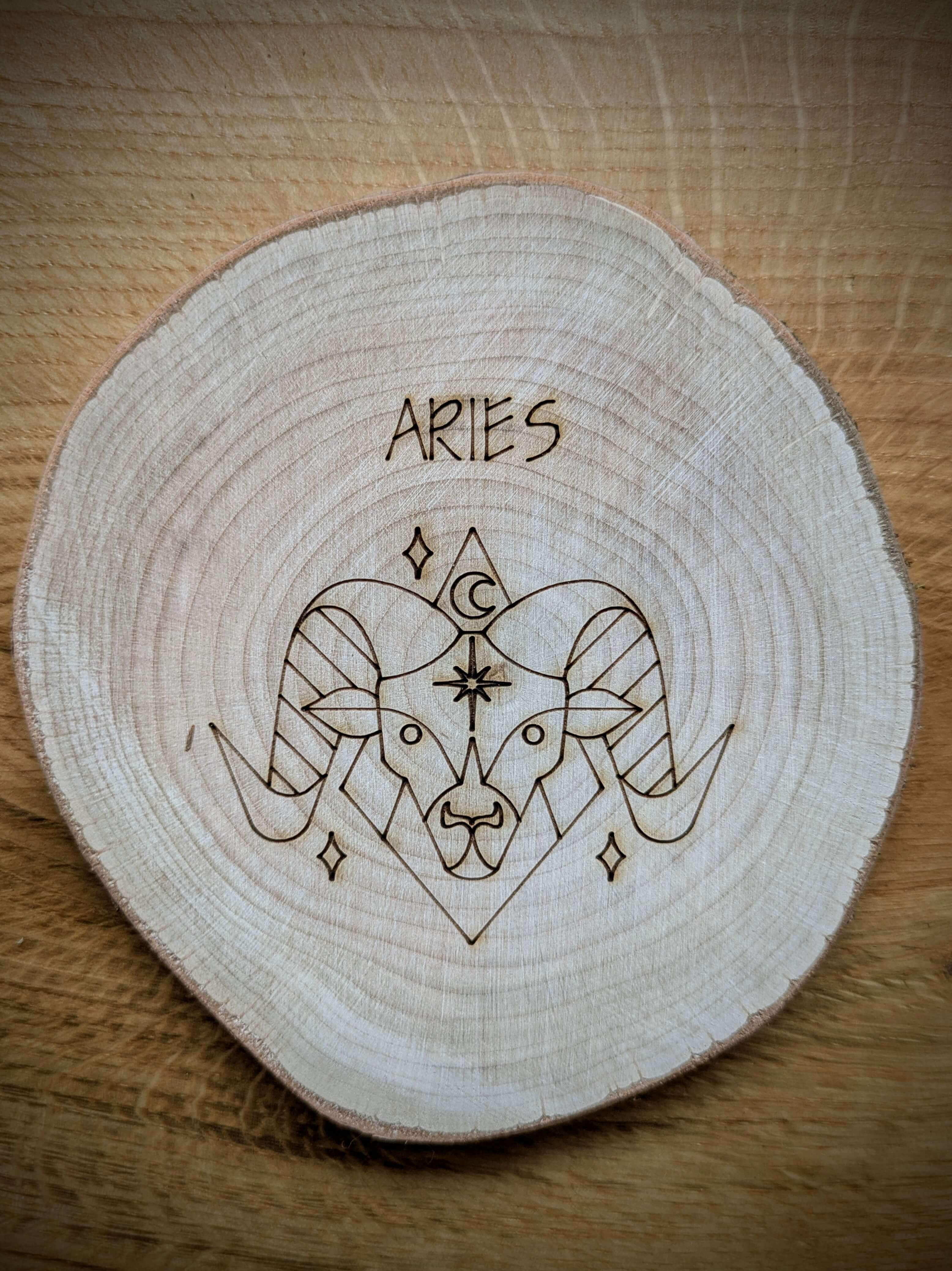 Aries Zodiac Kosmic Coaster on reclaimed Welsh timber